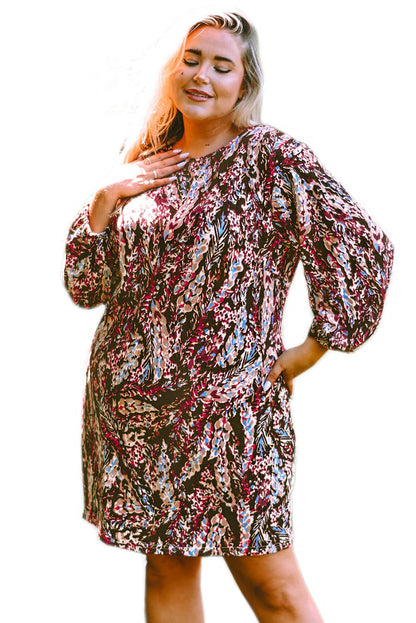 Chic Floral Print Plus Size Mini Dress in Fiery Red