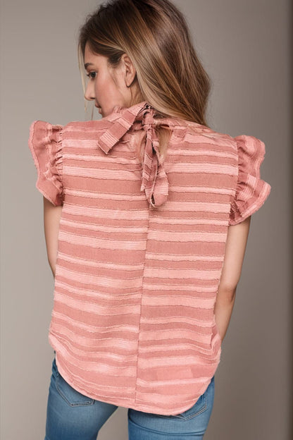 Striped Mock Neck Cap Sleeve Blouse.