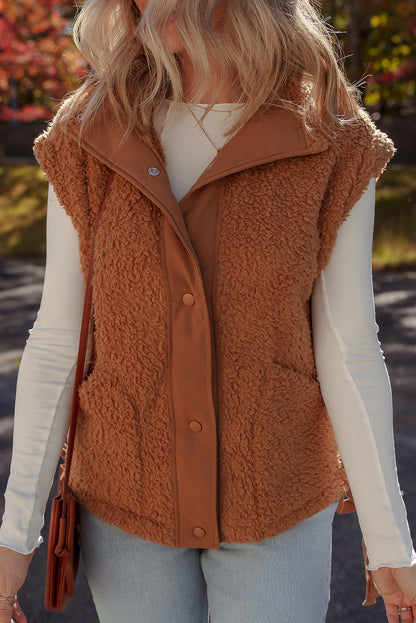 Premium Cinnamon Faux Fur Vest Snap Button Front Knot Side Pockets