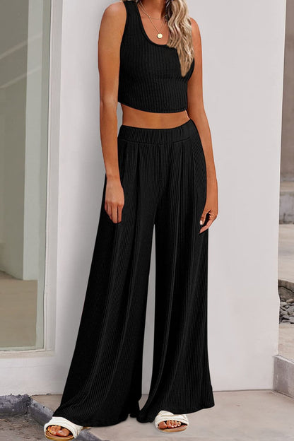 Scoop Neck Top and Wide Leg Pants Set.