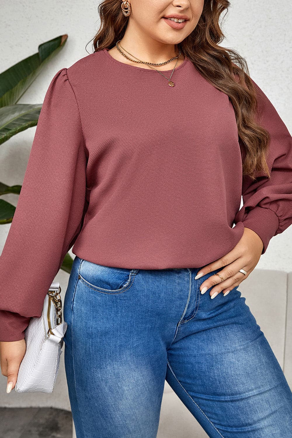 Plus Size Round Neck Puff Sleeve Top.