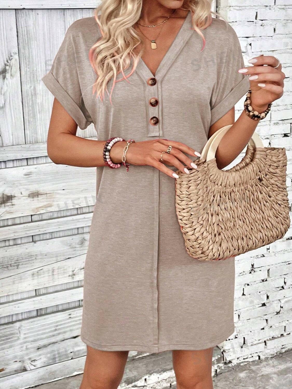 Quarter Button V-Neck Short Sleeve Dress.