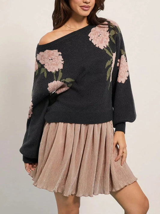 Floral Boat Neck Long Sleeve Sweater Simply Love