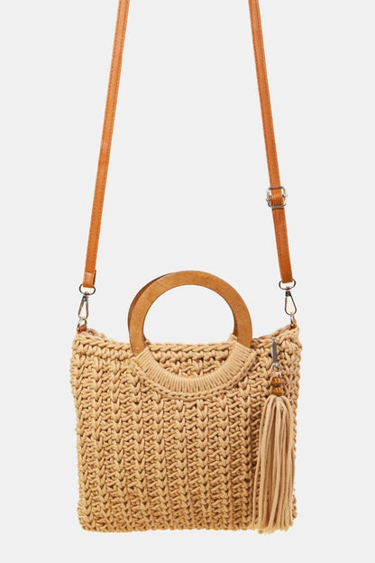 Fame Crochet Knit Convertible Tote Bag with Tassel.