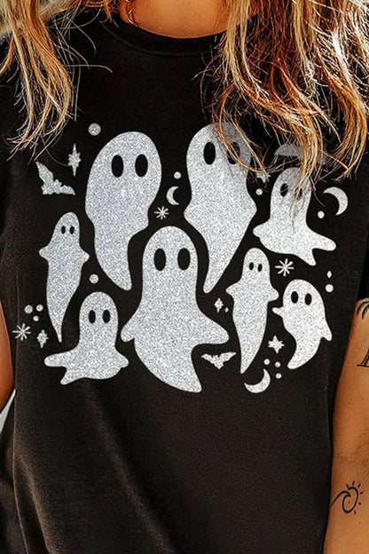 Full size ghost round neck short sleeve t-shirt with glitter design.