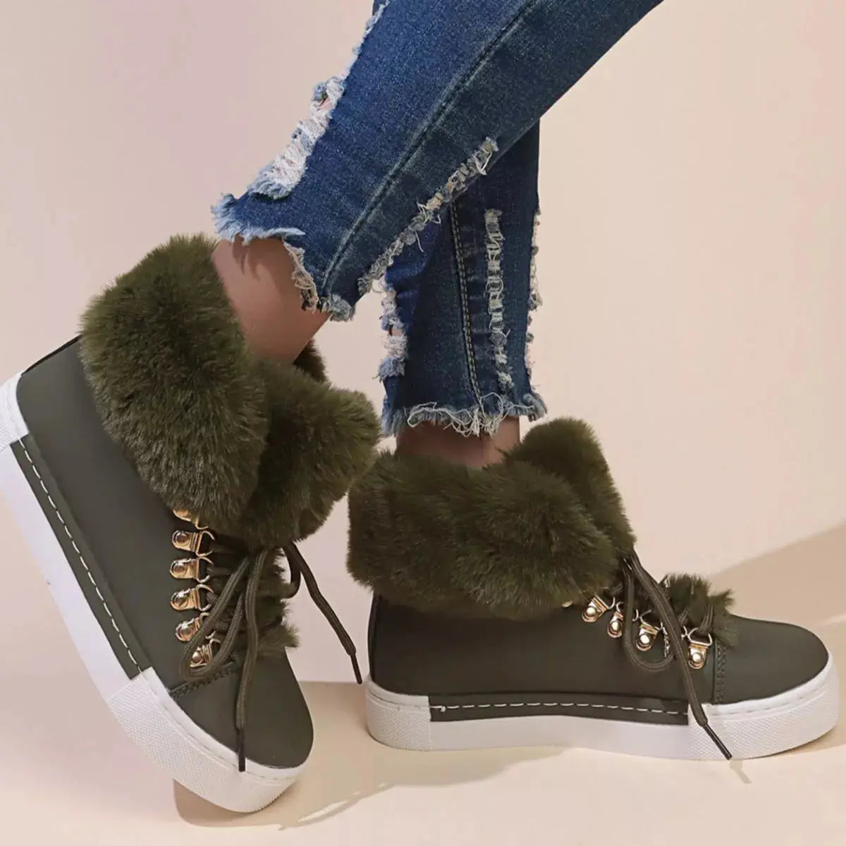 Fuzzy Trim Lace-Up Ankle Boots Simply Love