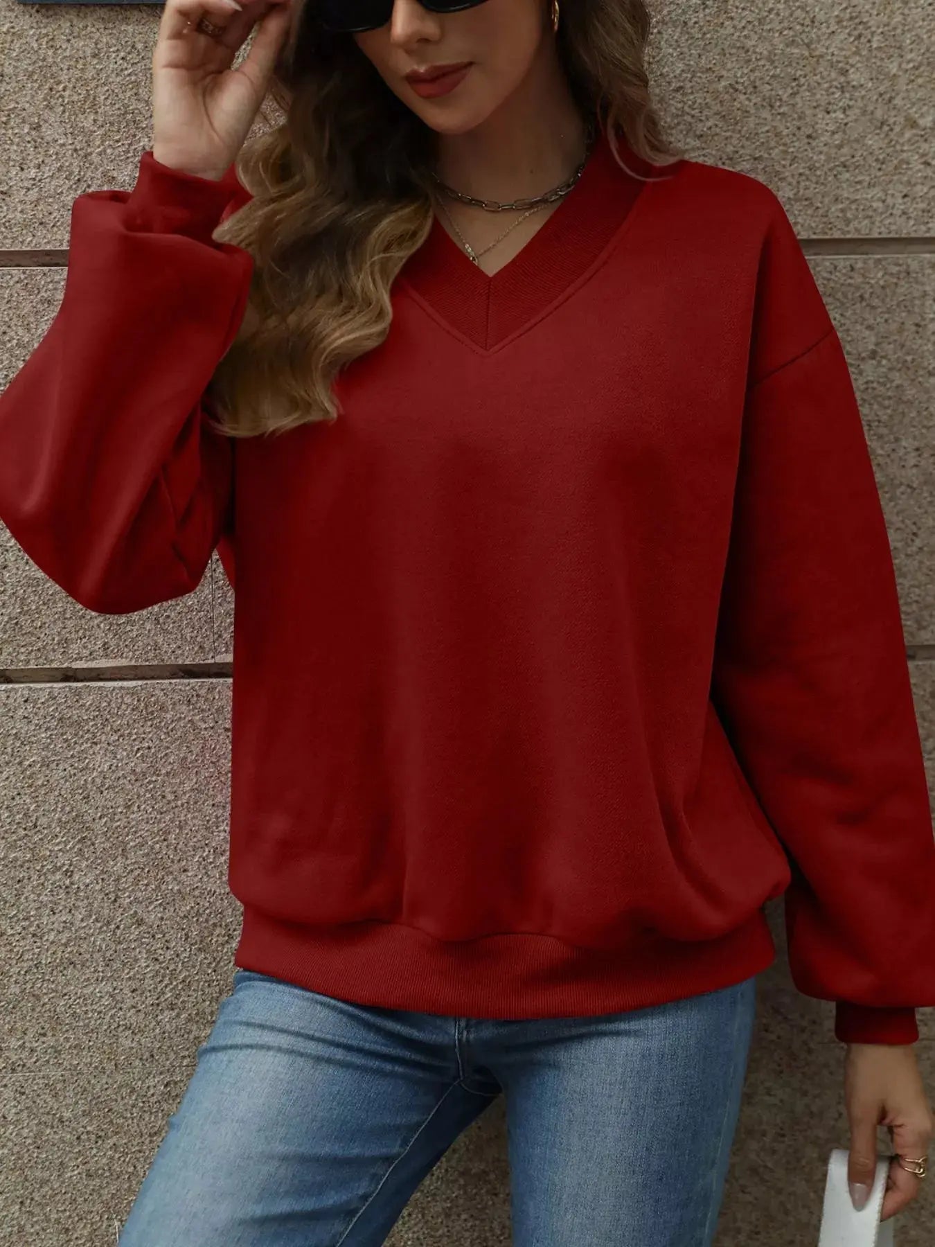 V-Neck Solid Color Casual Sweatshirt Simply Love