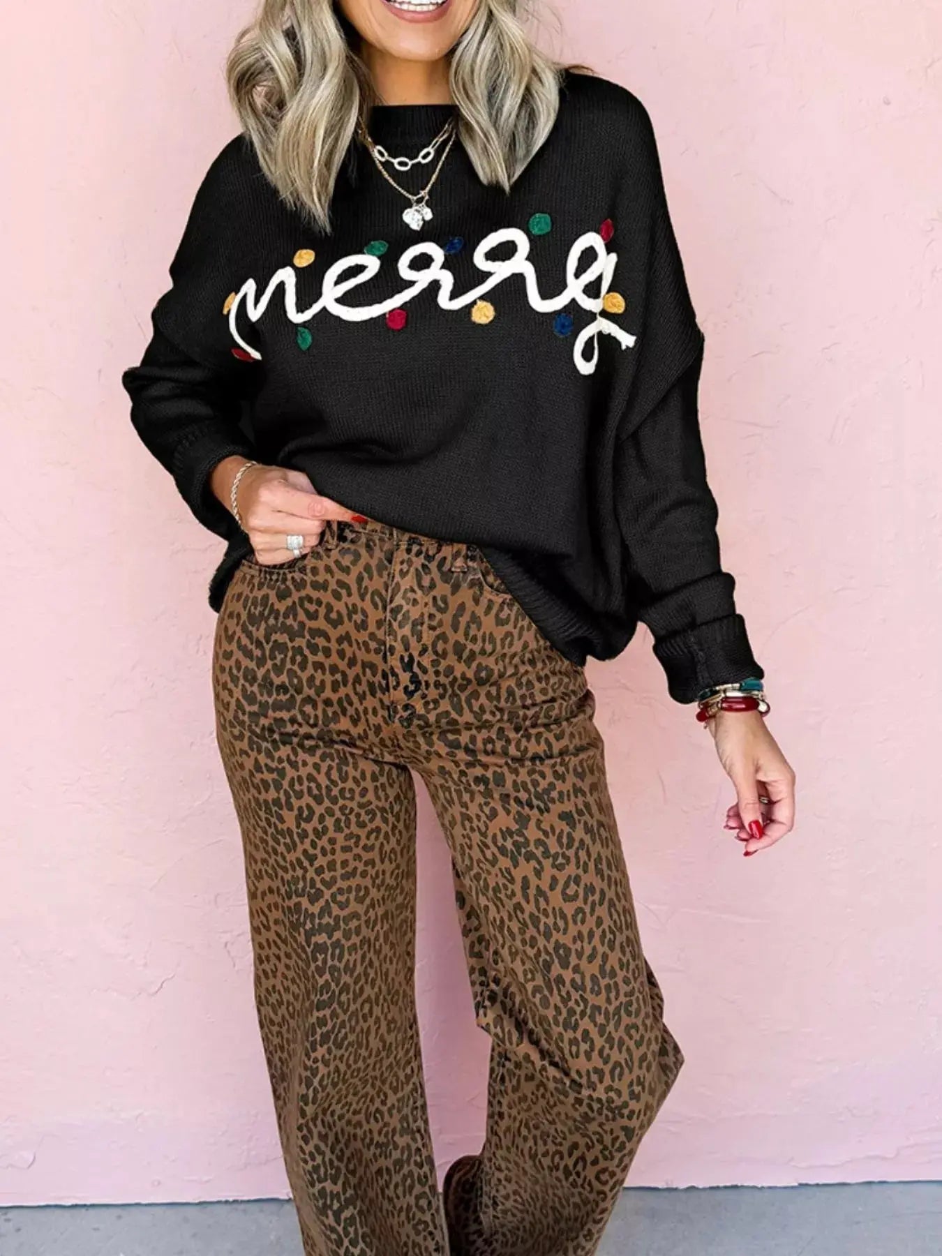 Embroidered Merry Christmas Round Neck Knit Sweater Simply Love