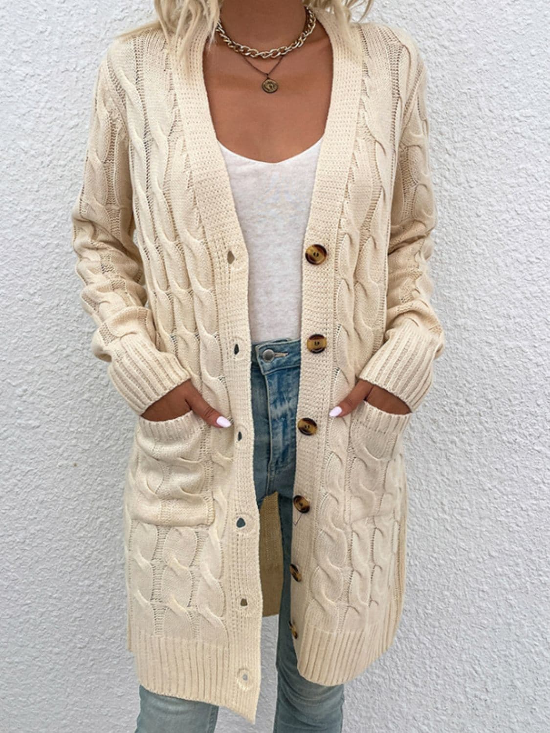 Cable-Knit Button Down Cardigan with Pockets.