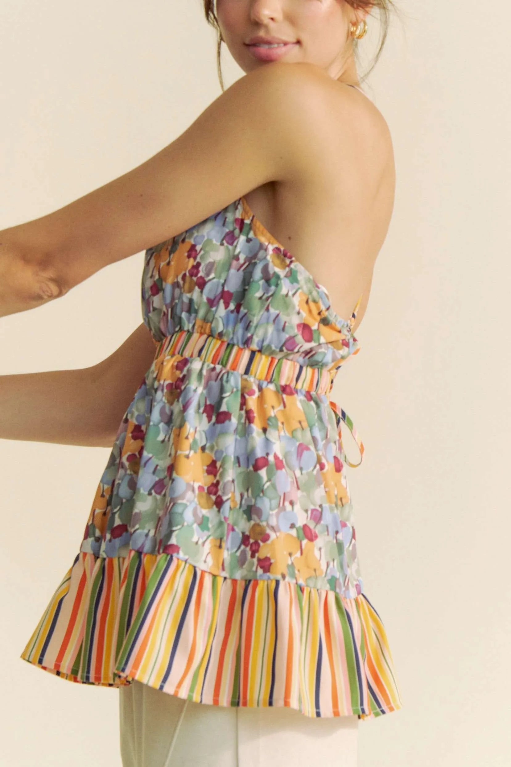 Davi & Dani Floral Smocked Sleeveless Ruffle Back Tie Top - Love Salve 
