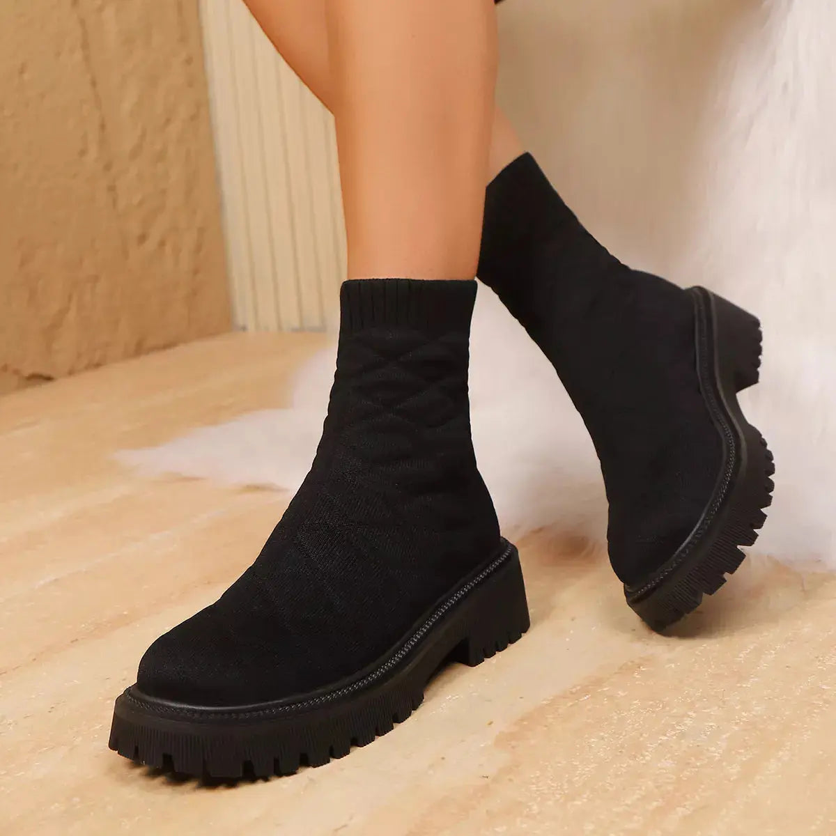 Black Knit Sock Boots With Round Toe And Low Heel Thick Lug Sole Simply Love