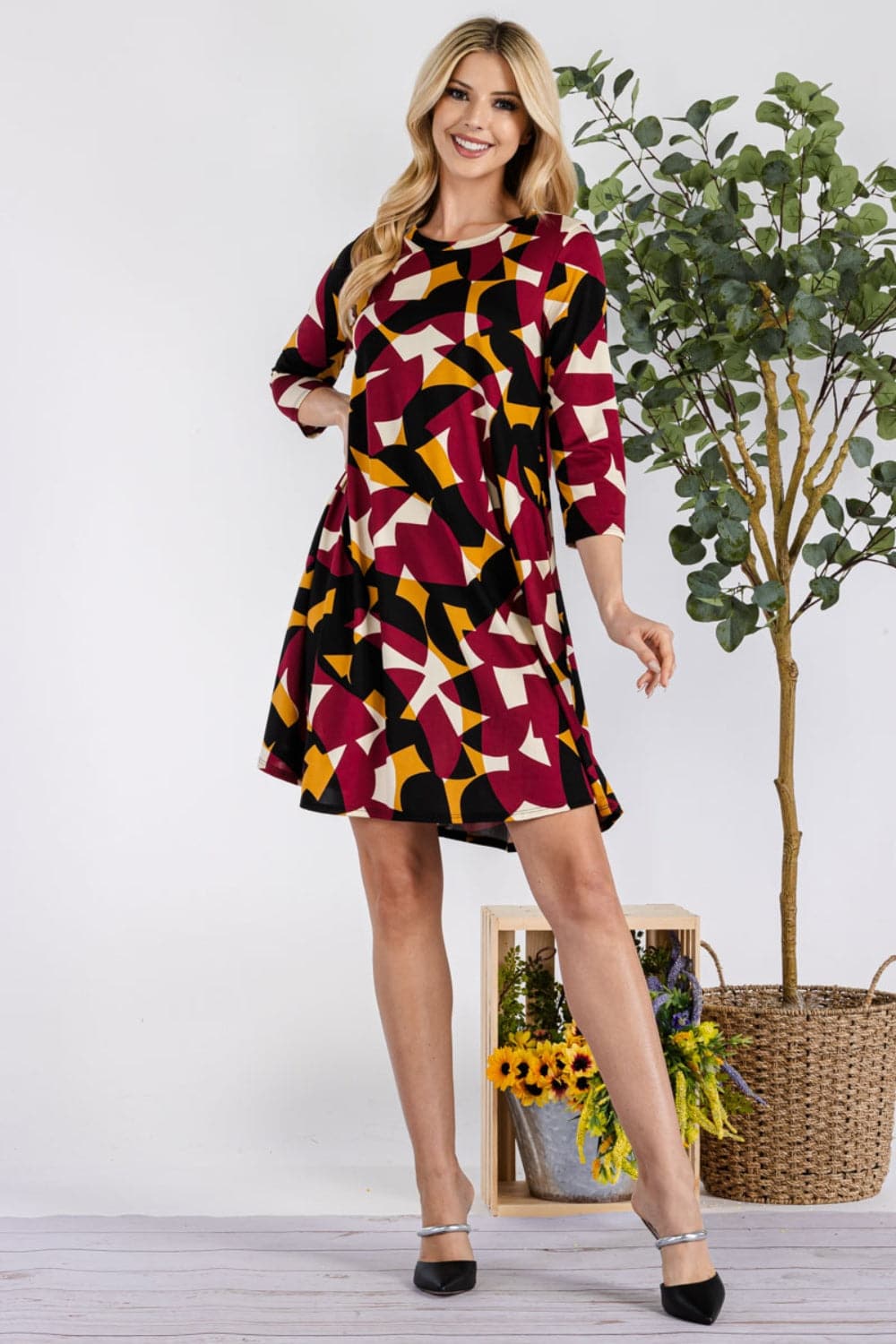 Celeste Full Size Geometric Round Neck Dress with Pockets.