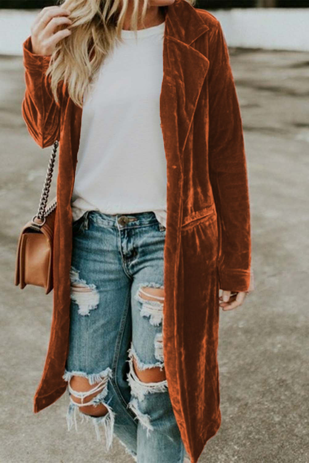 Chic brown velvet long sleeve coat with pockets