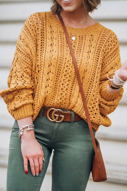 Chic yellow cable knit sweater with hollow-out design and drop shoulders