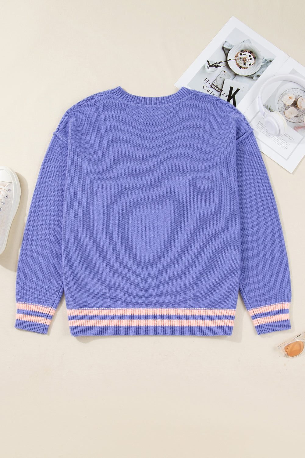 Wisteria Plus Size Striped Trim Knit Drop Shoulder Sweater Loose Fit Dear-Lover Dropshipping