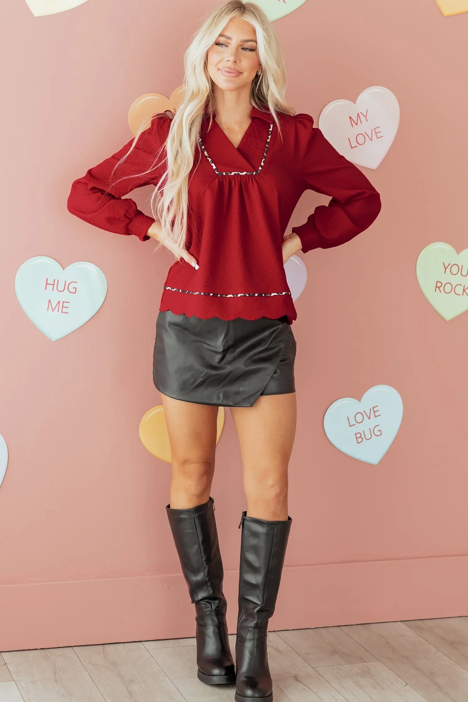 Fiery Red Collar V Neck Leopard Print Textured Blouse Dear-Lover Dropshipping