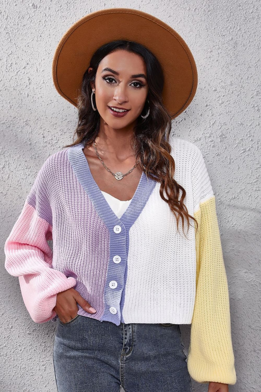 Color Block Ribbed Long Sleeve Cardigan.