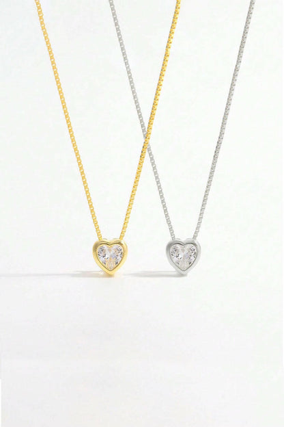 925 Sterling Silver Inlaid Zircon Heart Pendant Necklace.