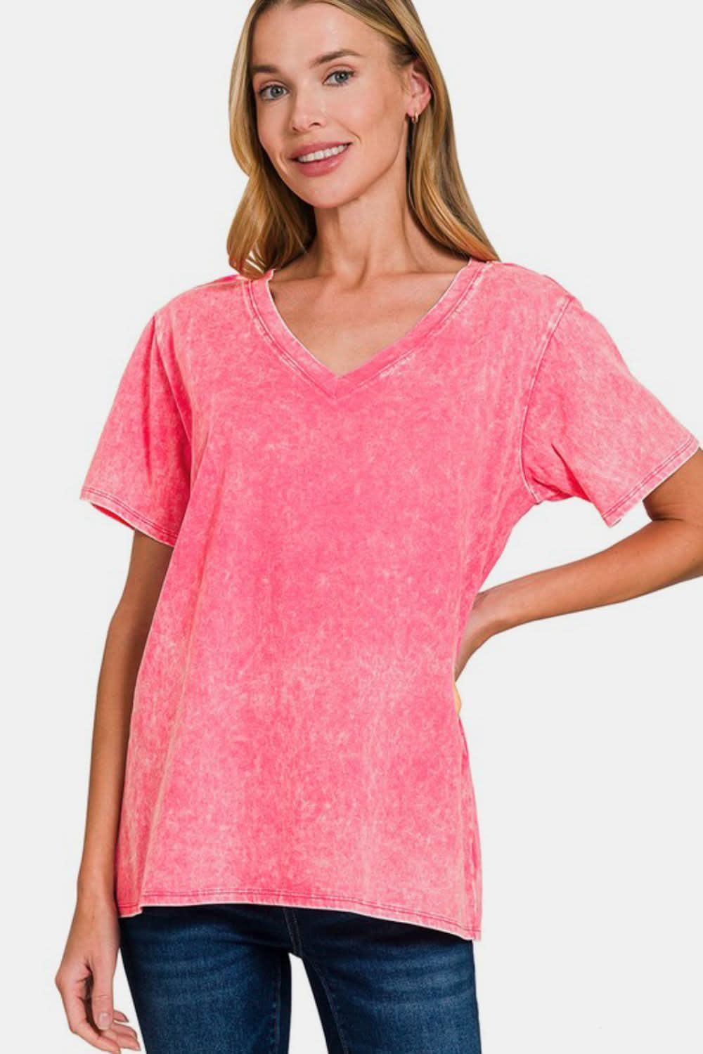 Zenana full size washed short sleeve V-neck t-shirt in pink, casual vintage style.