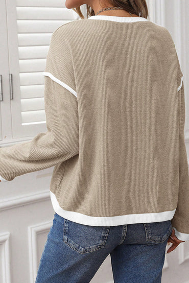 Beige Contrast Trim Knit Drop Shoulder Loose Top For Women