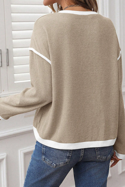Premium Beige Contrast Trim Knit Drop Shoulder Loose Top For Women