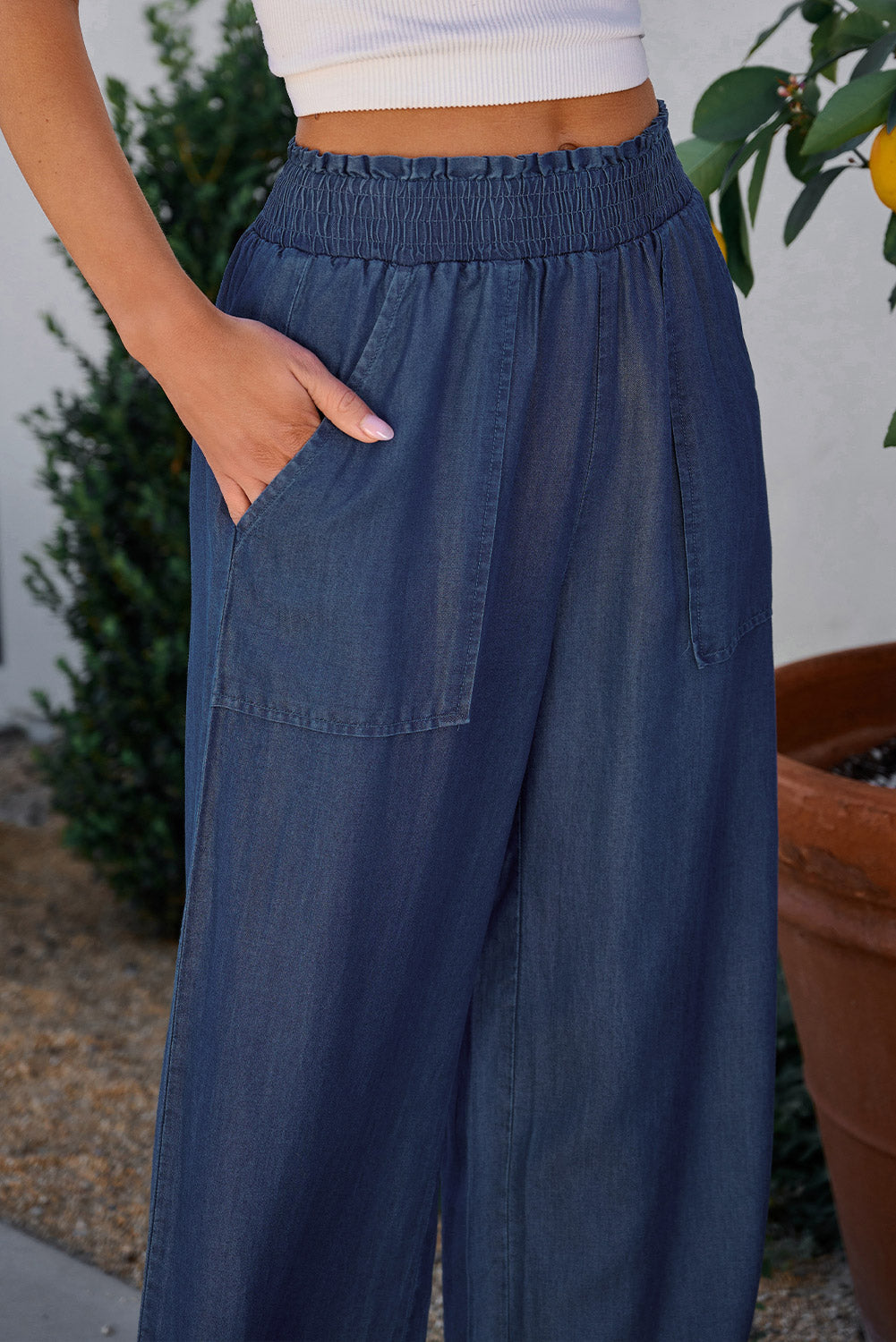 Sail blue frilled smocked high-waist wide-leg jeans with pockets