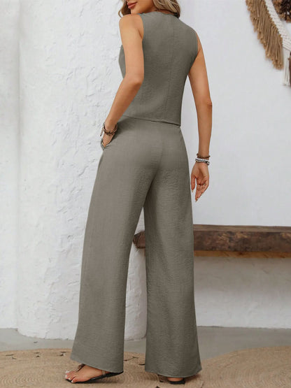 Chic V-Neck Button-Up Vest and Flowing Wide Leg Trousers Set