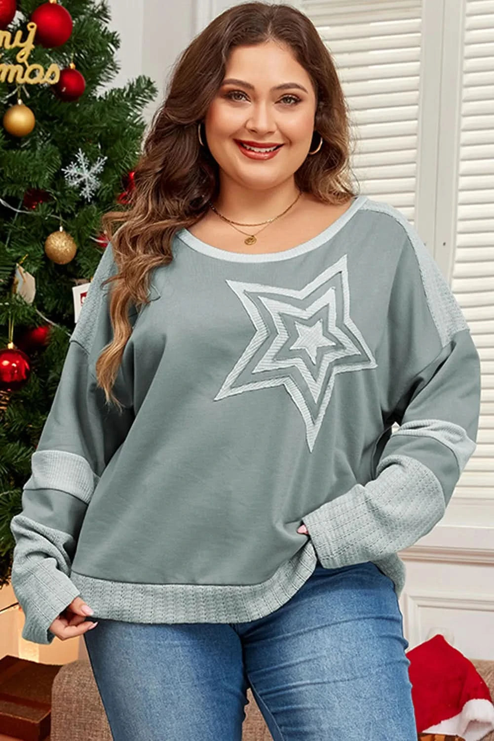 Stylish Plus Size Star Print Long Sleeve Top