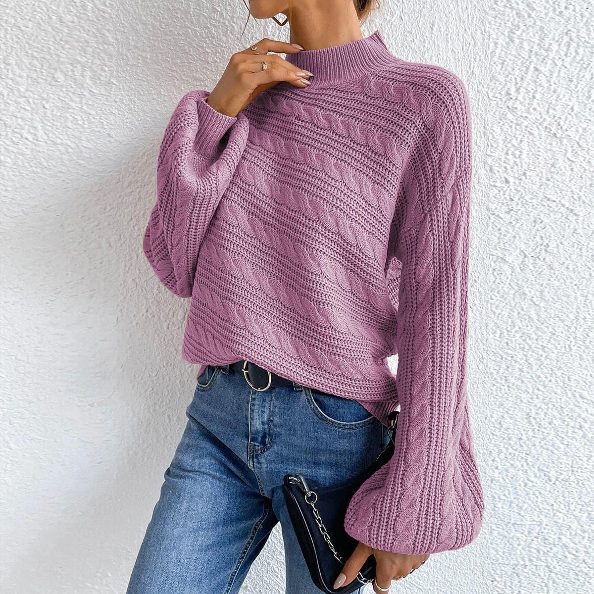 Cable-Knit Mock Neck  Long Sleeve Sweater.