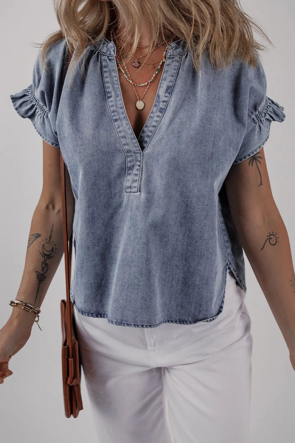 V Neck Ruffled Short Puff Sleeve Denim Top