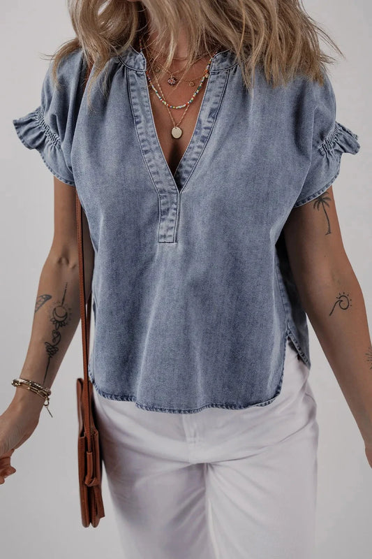 V Neck Ruffled Short Puff Sleeve Denim Top Simply Love