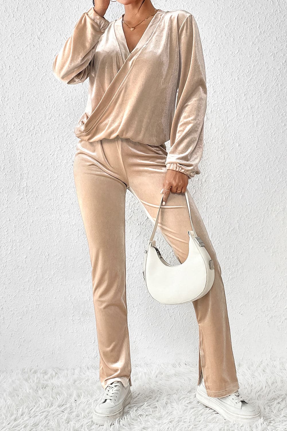 Surplice Long Sleeve Top and Slit Pants Set.