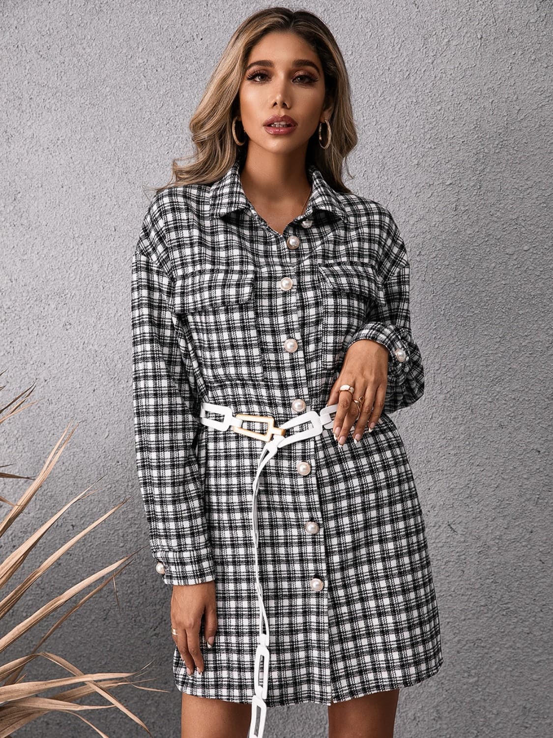 Pocketed Plaid Long Sleeve Mini Dress.