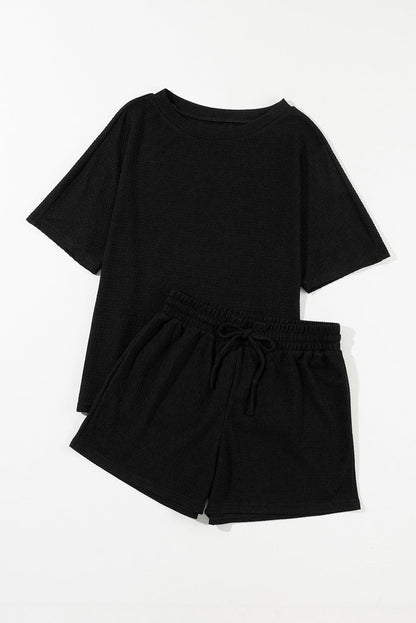 Round Neck Short Sleeve Top and Drawstring Shorts Set.