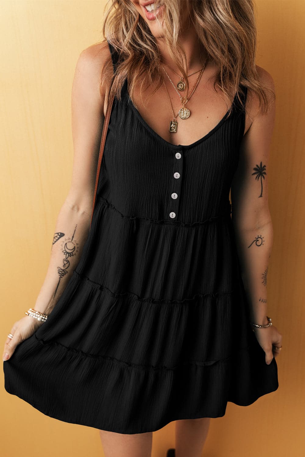 Round Neck Wide Strap Mini Dress.