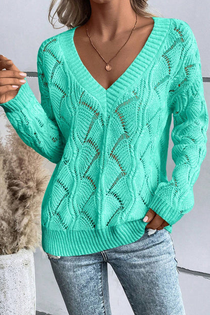 Chic mint green v-neck hollow-out knit sweater with drop shoulders