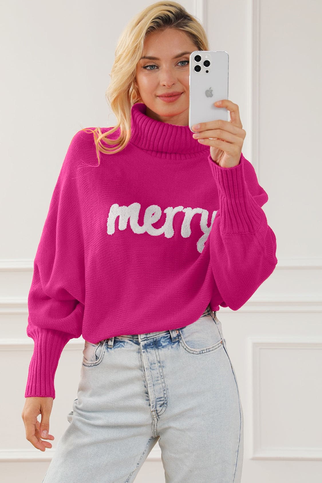 Merry Letter Embroidered High Neck Sweater.