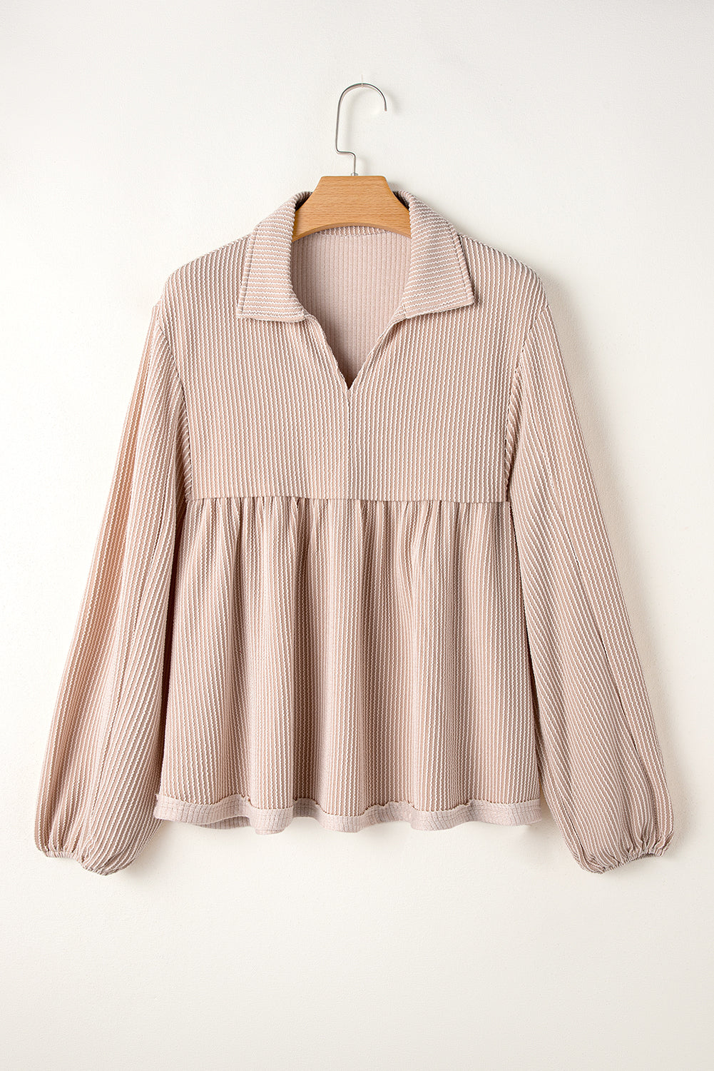 Parchment V-neck bubble sleeve babydoll blouse with corded texture