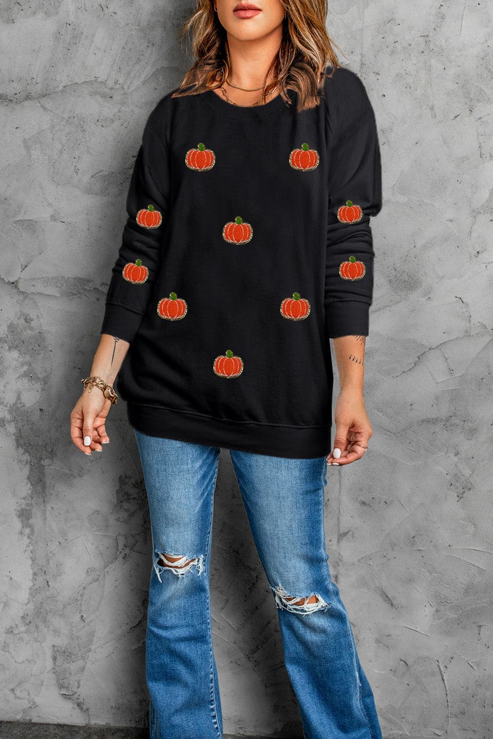 Pumpkin Round Neck Long Sleeve SweatshirtFeatures: Sequin
Sheer: Opaque
Stretch: No stretch
Material composition: 50% polyester, 50% cotton
Care instructions: Machine wash cold. Tumble dry low.
Imported


SLove Salve Pumpkin Round Neck Long Sleeve SweatshirtSweatshirts & Hoodies