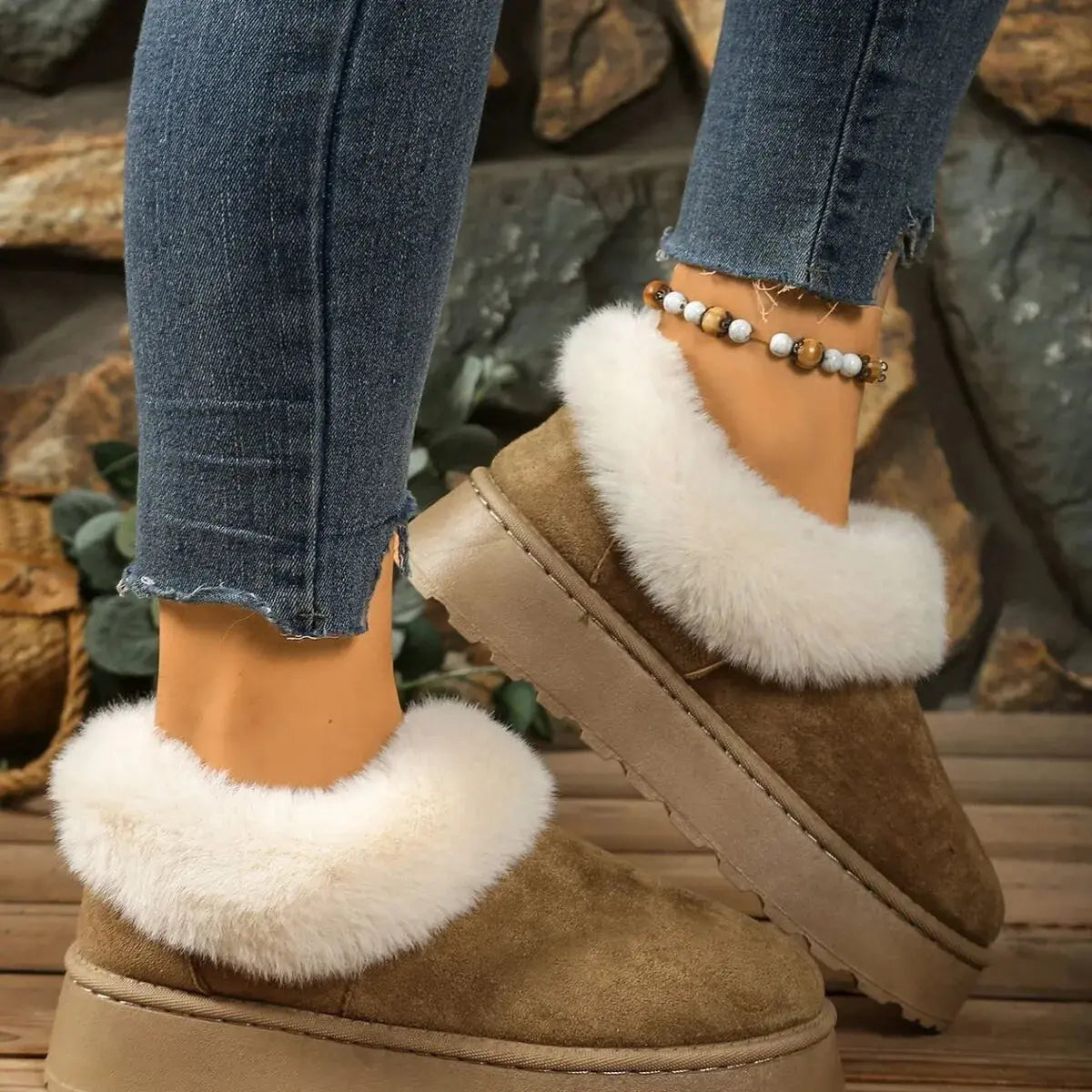 Fuzzy Trim Round Toe Platform Boots Simply Love