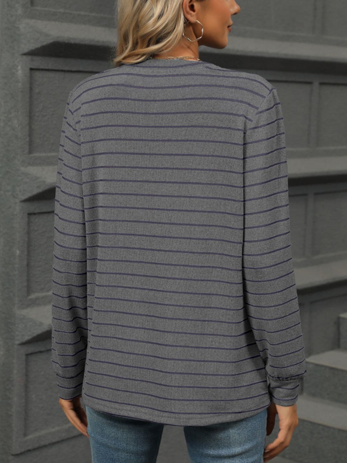 Striped Notched Long Sleeve T-Shirt.