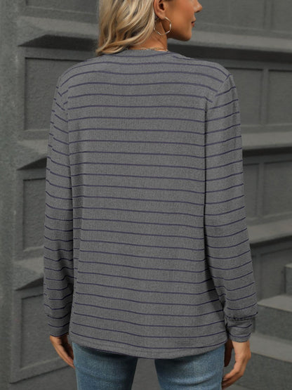 Striped Notched Long Sleeve T-Shirt.