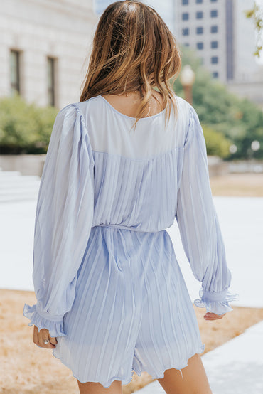 Irene Pleated Ruffled Tie Waist Button V Neck Romper for Women - Love Salve 