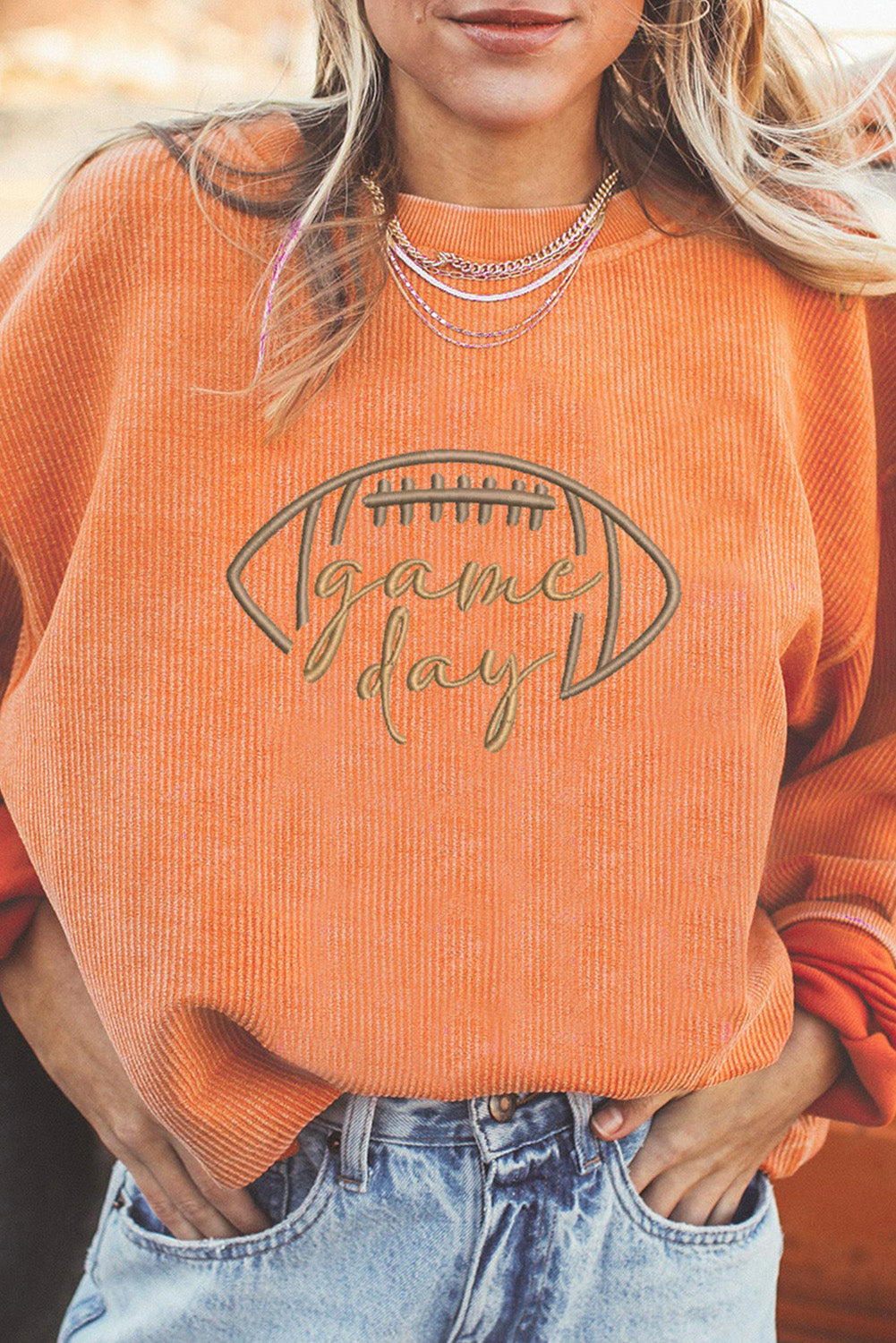 Premium Orange Rugby Game Day Embroidered Corduroy Sweatshirt