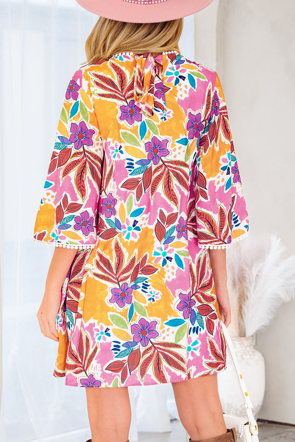 Premium Pink Floral Print Lace Trimmed Tie Back Bell Sleeve Dress Dear-Lover Dropshipping