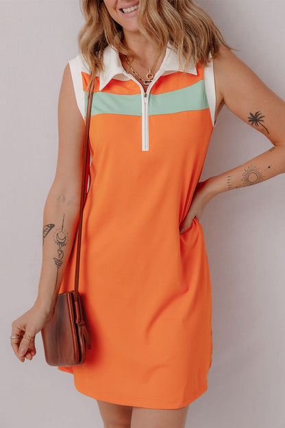 Russet Orange Color-blocked Athletic Mini Dress with Sleeveless Design and Quarter Zip Neckline