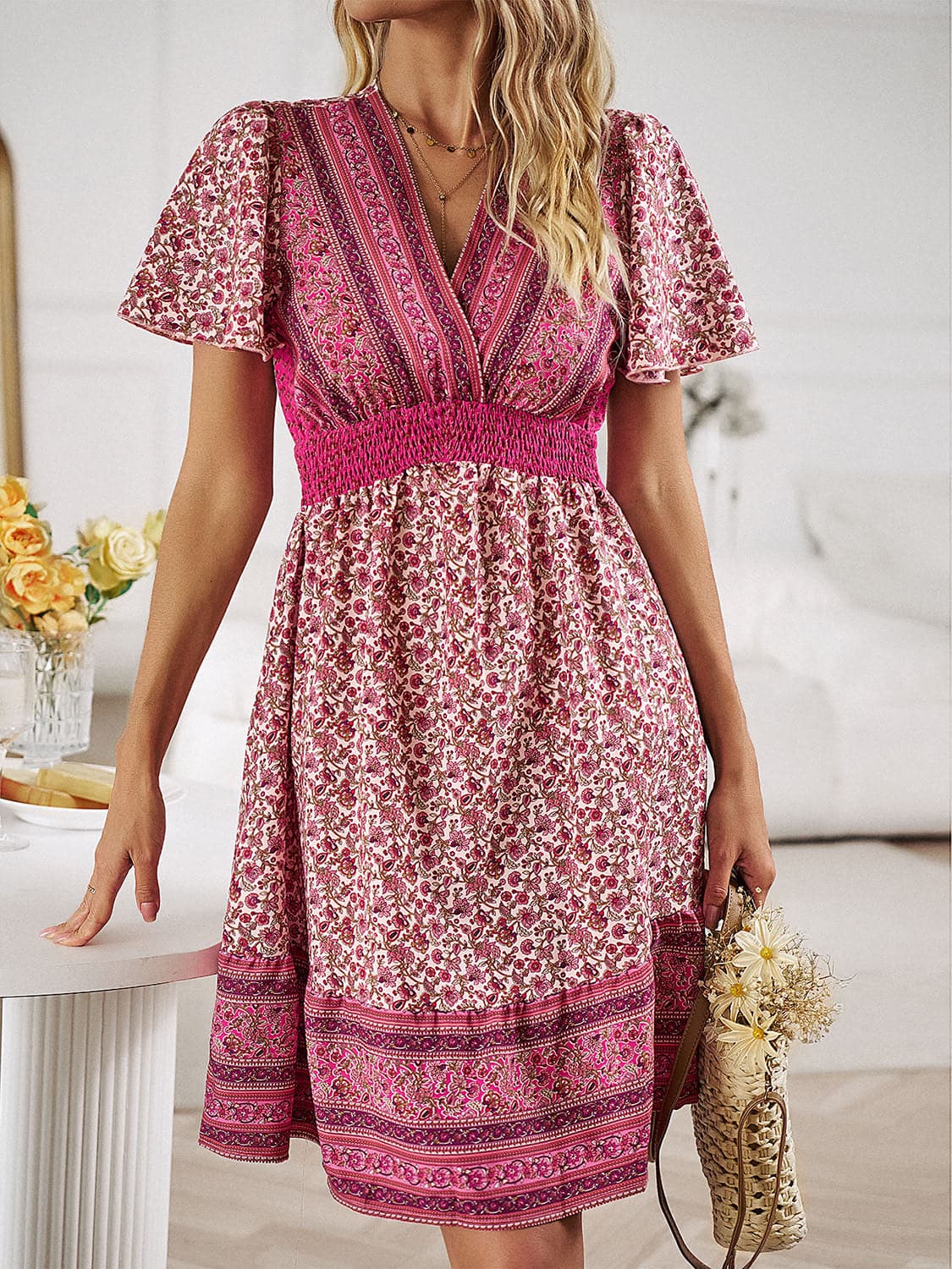 Floral Smocked Waist Short Sleeve Mini Dress.