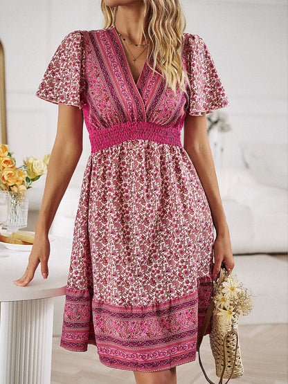 Floral Smocked Waist Short Sleeve Mini Dress.