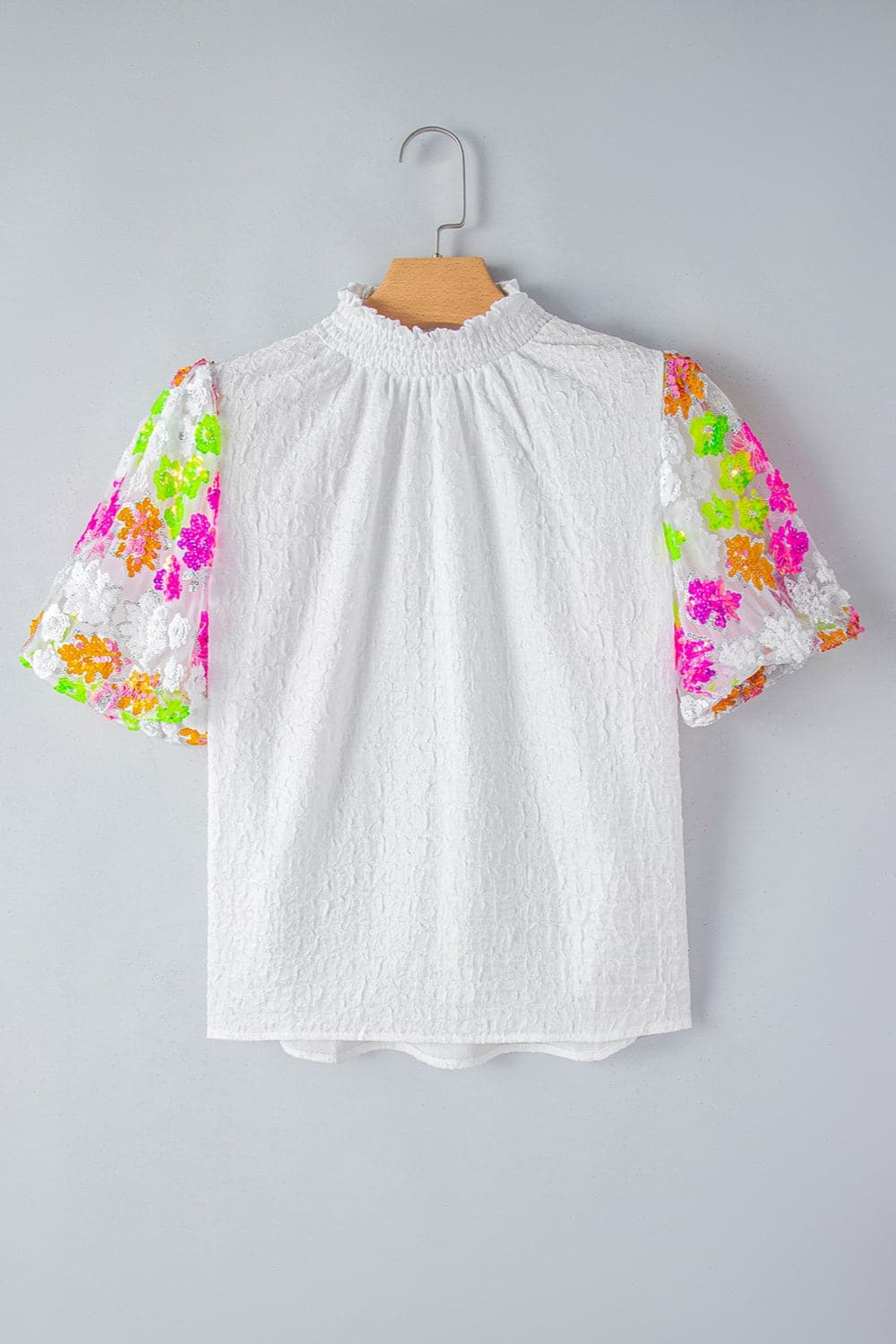 Sequin Flower Mock Neck Half Sleeve Blouse.