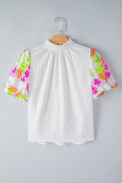 Floral Sequin Mock Neck Blouse – White